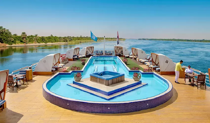 Luxurious Nile Cruise – Pool and Lounge with Nile Views
